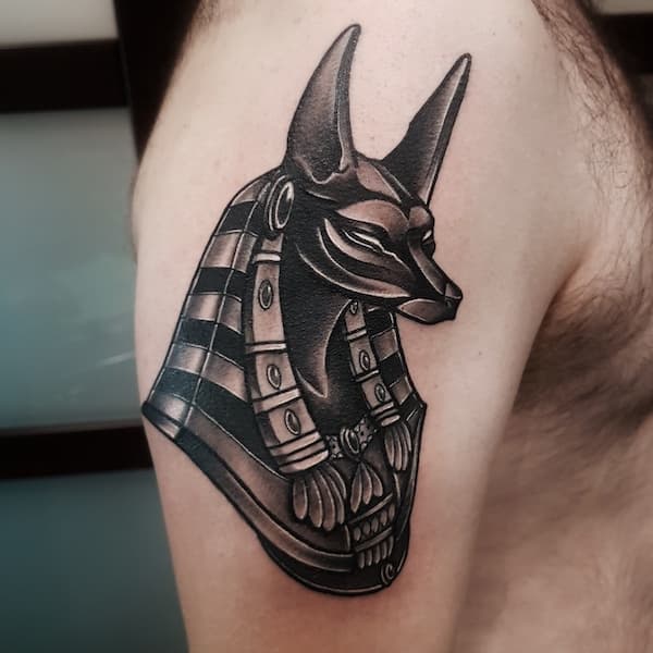 Anubis tattoo by Alex, artist at Fattys Tattoos & Piercings