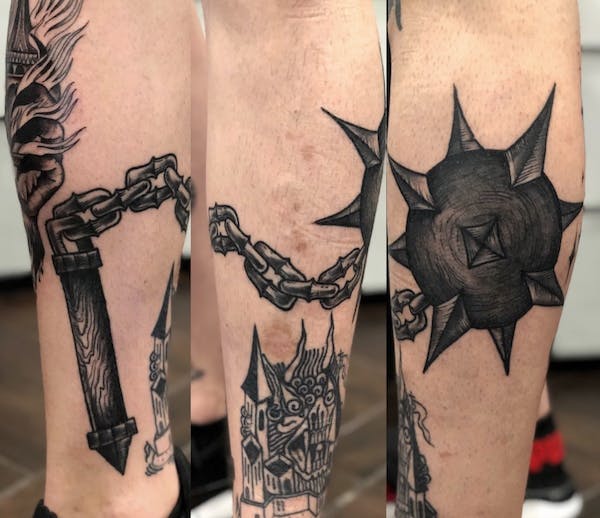 Mace tattoo by Alex, artist at Fattys Tattoos & Piercings