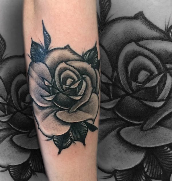 Neo tradition rose tattoo by Alex, artist at Fattys Tattoos & Piercings